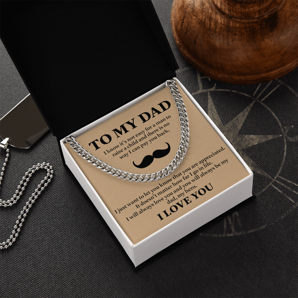 To My Dad Necklace – Silver Cuban Link Chain with Heartfelt Mustache Message Card Gift