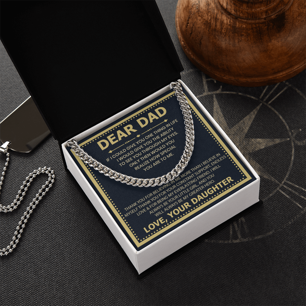 Dear Dad Necklace from Daughter – Silver Cuban Link Chain with Heartfelt Message Card Gift