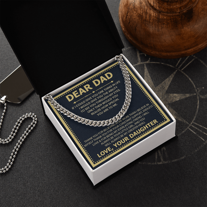 Dear Dad Necklace from Daughter – Silver Cuban Link Chain with Heartfelt Message Card Gift