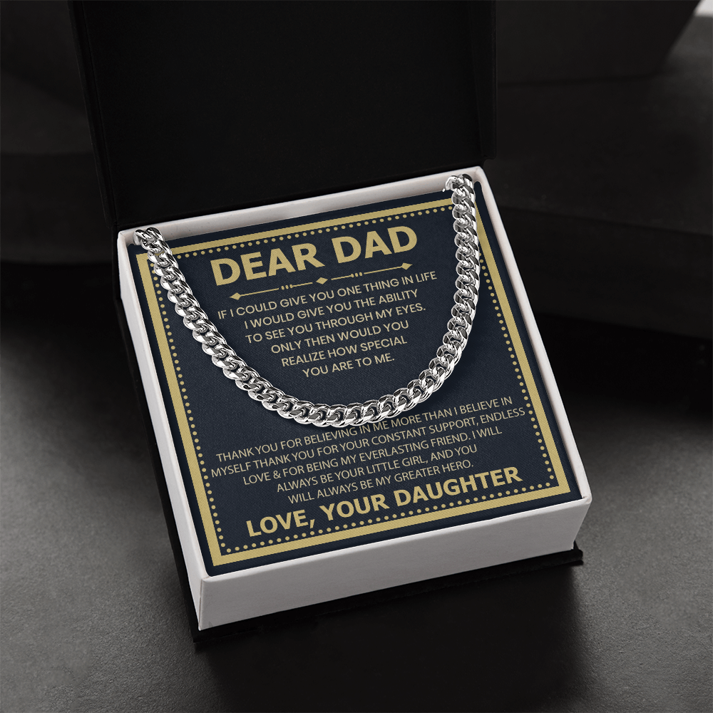 Dear Dad Necklace from Daughter – Silver Cuban Link Chain with Heartfelt Message Card Gift