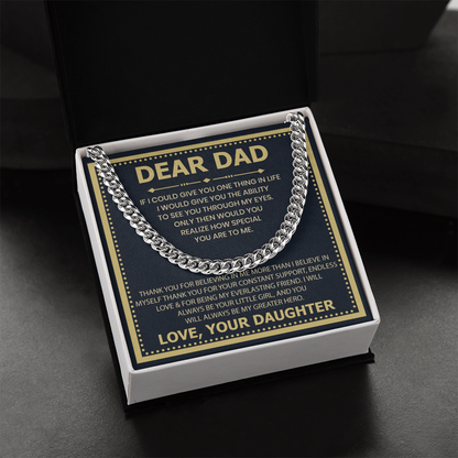 Dear Dad Necklace from Daughter – Silver Cuban Link Chain with Heartfelt Message Card Gift