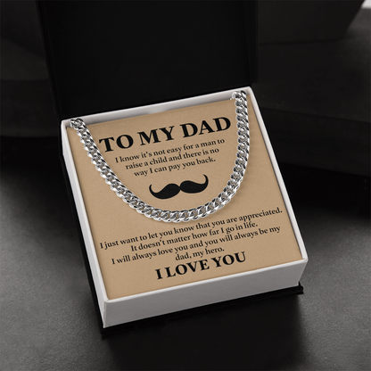 To My Dad Necklace – Silver Cuban Link Chain with Heartfelt Mustache Message Card Gift