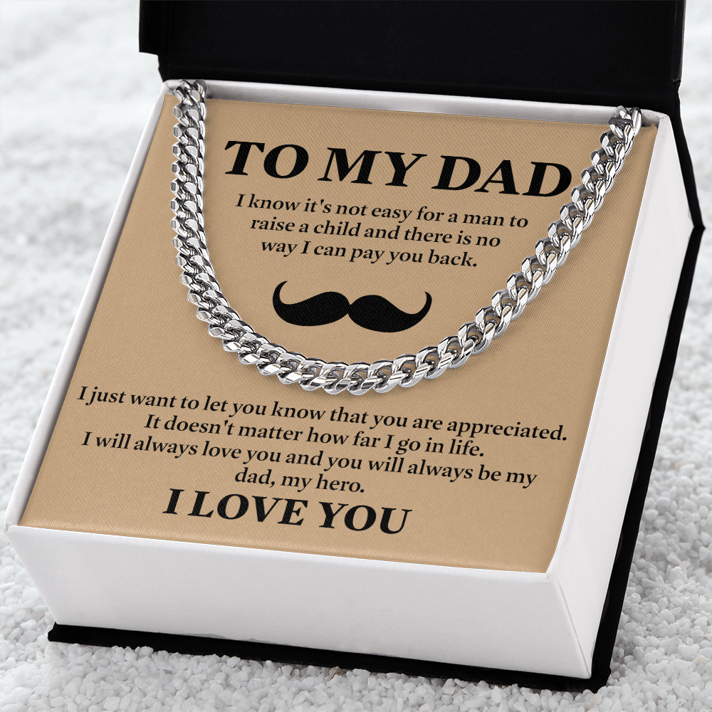 To My Dad Necklace – Silver Cuban Link Chain with Heartfelt Mustache Message Card Gift