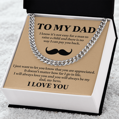 To My Dad Necklace – Silver Cuban Link Chain with Heartfelt Mustache Message Card Gift