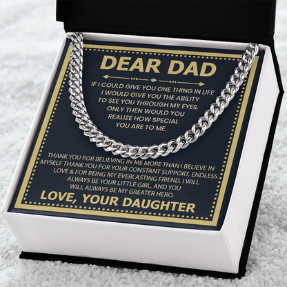 Dear Dad Necklace from Daughter – Silver Cuban Link Chain with Heartfelt Message Card Gift