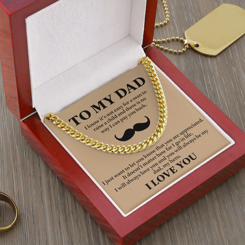 To My Dad Necklace – Silver Cuban Link Chain with Heartfelt Mustache Message Card Gift