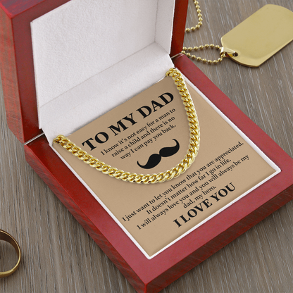 To My Dad Necklace – Silver Cuban Link Chain with Heartfelt Mustache Message Card Gift