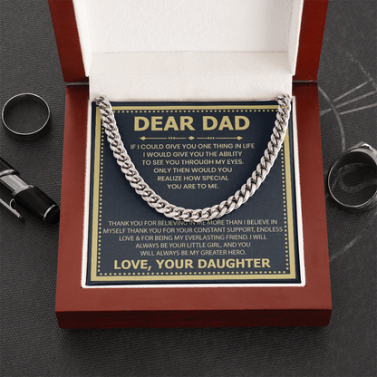 Dear Dad Necklace from Daughter – Silver Cuban Link Chain with Heartfelt Message Card Gift