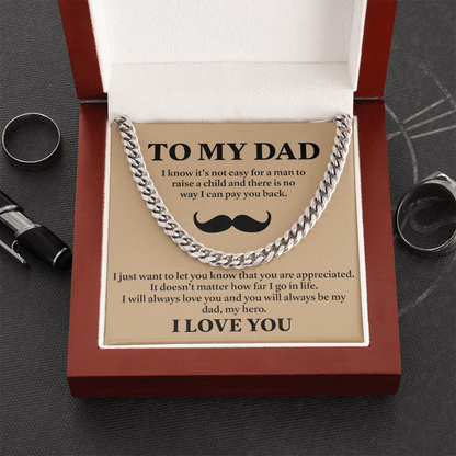 To My Dad Necklace – Silver Cuban Link Chain with Heartfelt Mustache Message Card Gift