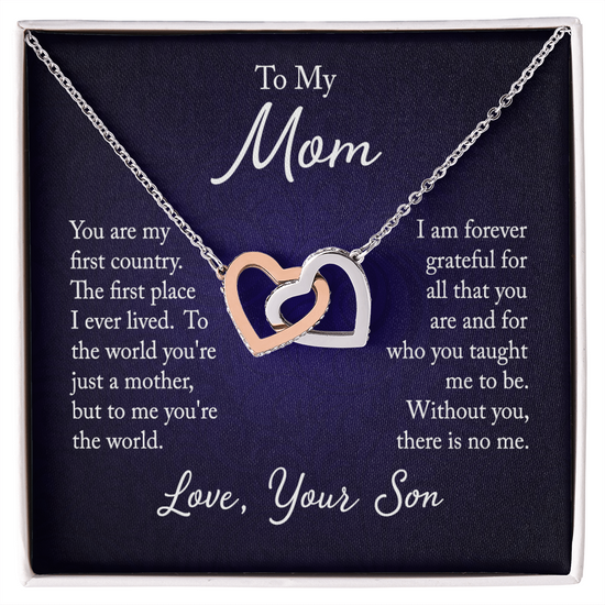 Interlocking Hearts Necklace - For Mom From Son : Two-Tone Pendant with Gift Box & Message Card