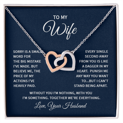 Interlocking Hearts Necklace for Wife from Husband – Apology/Anniversary Gift, CZ Crystal Pendant, Rose Gold or 18k Gold Finish, Adjustable Chain & Gift Box