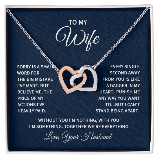 Interlocking Hearts Necklace for Wife from Husband – Apology/Anniversary Gift, CZ Crystal Pendant, Rose Gold or 18k Gold Finish, Adjustable Chain & Gift Box