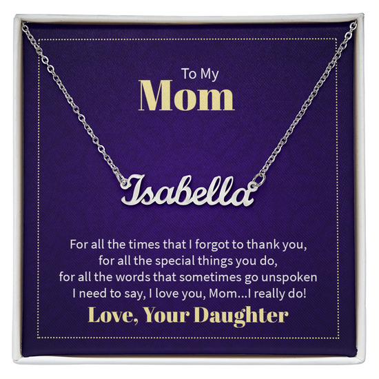 Custom Name Necklace - For Mom From Daughter: Personalized Script Pendant, Adjustable Chain, Gift Box & Message Card