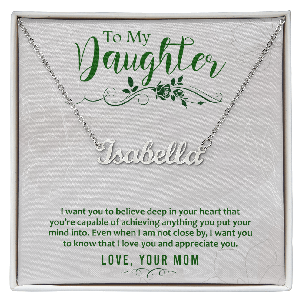 Custom Name Necklace for Daughter from Mom – Personalized Script Pendant, Stainless Steel or 18K Gold, Adjustable 16–18" Chain, Gift Box Included