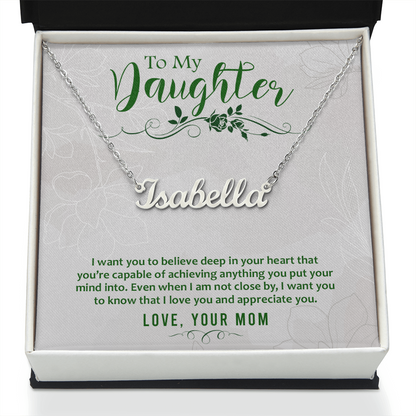 Custom Name Necklace for Daughter from Mom – Personalized Script Pendant, Stainless Steel or 18K Gold, Adjustable 16–18" Chain, Gift Box Included