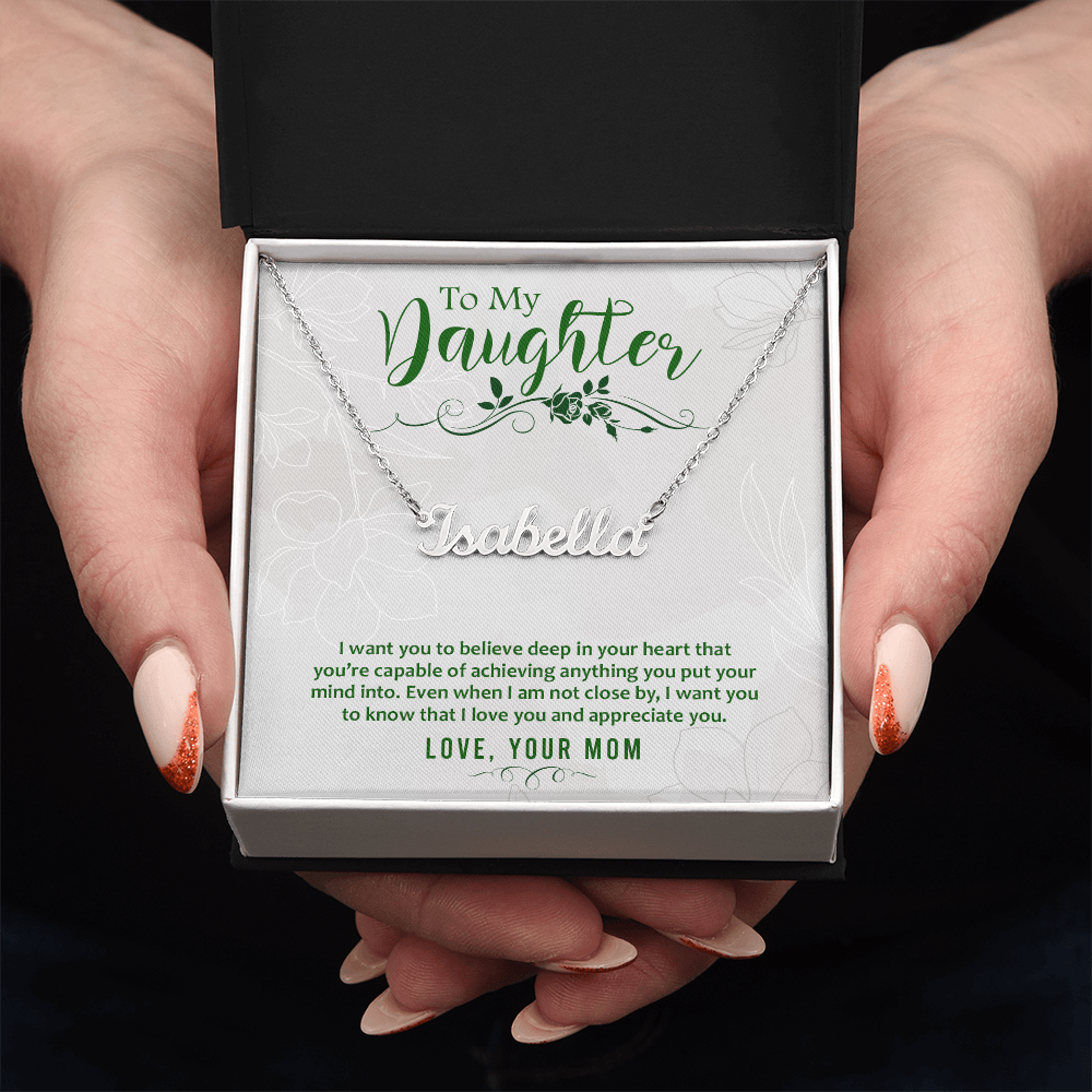 Custom Name Necklace for Daughter from Mom – Personalized Script Pendant, Stainless Steel or 18K Gold, Adjustable 16–18" Chain, Gift Box Included