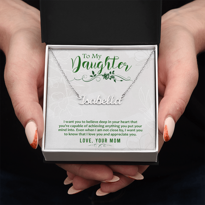 Custom Name Necklace for Daughter from Mom – Personalized Script Pendant, Stainless Steel or 18K Gold, Adjustable 16–18" Chain, Gift Box Included