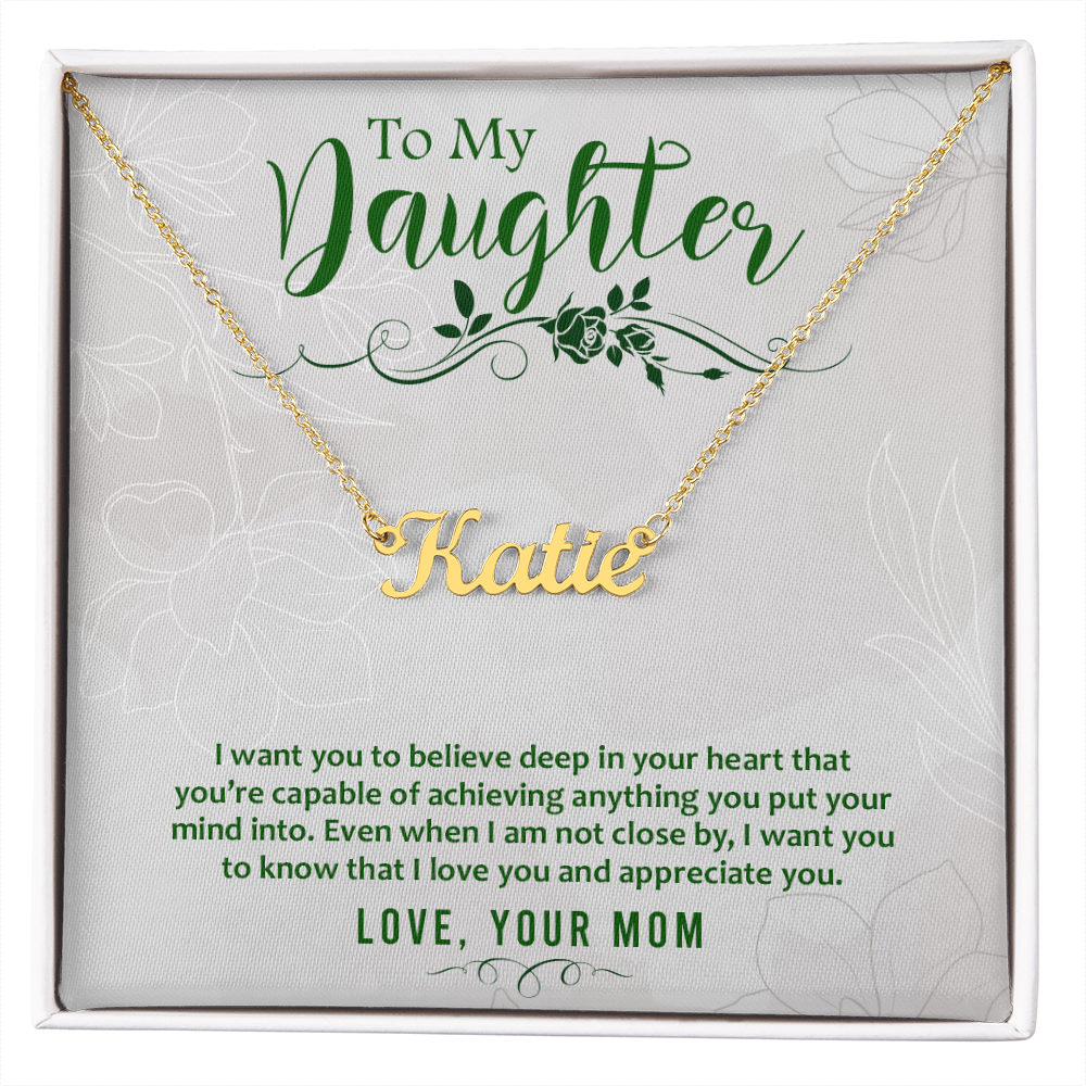 Custom Name Necklace for Daughter from Mom – Personalized Script Pendant, Stainless Steel or 18K Gold, Adjustable 16–18" Chain, Gift Box Included