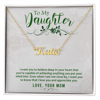 Custom Name Necklace for Daughter from Mom – Personalized Script Pendant, Stainless Steel or 18K Gold, Adjustable 16–18" Chain, Gift Box Included