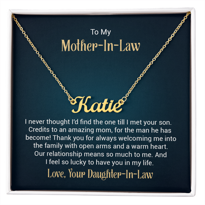 To My Mother-In-Law – Custom Name Necklace from Daughter-In-Law (Stainless or 18K Gold, 16–18" Adjustable)