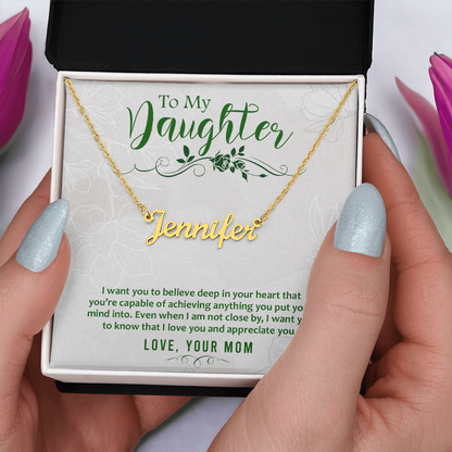Custom Name Necklace for Daughter from Mom – Personalized Script Pendant, Stainless Steel or 18K Gold, Adjustable 16–18" Chain, Gift Box Included
