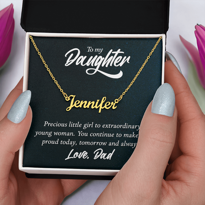 Custom Name Necklace for Daughter from Dad – Personalized Script Pendant (Stainless or 18K Gold), 16–18" Adjustable