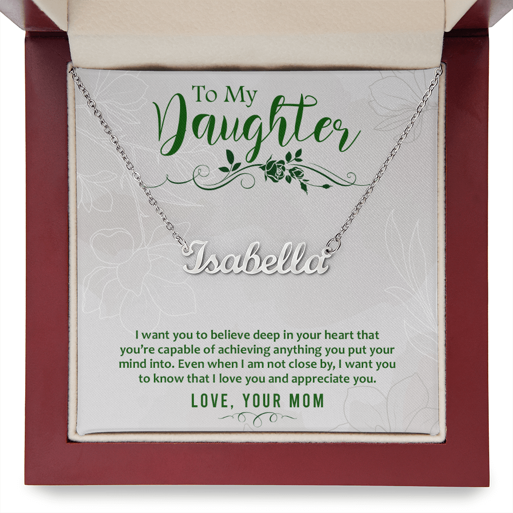 Custom Name Necklace for Daughter from Mom – Personalized Script Pendant, Stainless Steel or 18K Gold, Adjustable 16–18" Chain, Gift Box Included