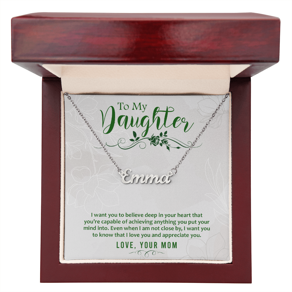 Custom Name Necklace for Daughter from Mom – Personalized Script Pendant, Stainless Steel or 18K Gold, Adjustable 16–18" Chain, Gift Box Included
