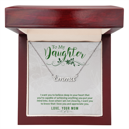 Custom Name Necklace for Daughter from Mom – Personalized Script Pendant, Stainless Steel or 18K Gold, Adjustable 16–18" Chain, Gift Box Included