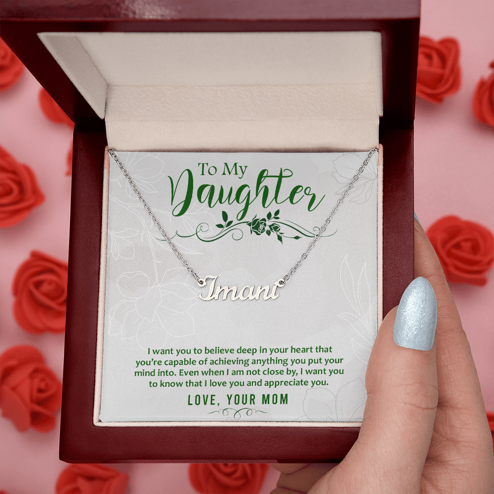 Custom Name Necklace for Daughter from Mom – Personalized Script Pendant, Stainless Steel or 18K Gold, Adjustable 16–18" Chain, Gift Box Included