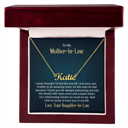To My Mother-In-Law – Custom Name Necklace from Daughter-In-Law (Stainless or 18K Gold, 16–18" Adjustable)