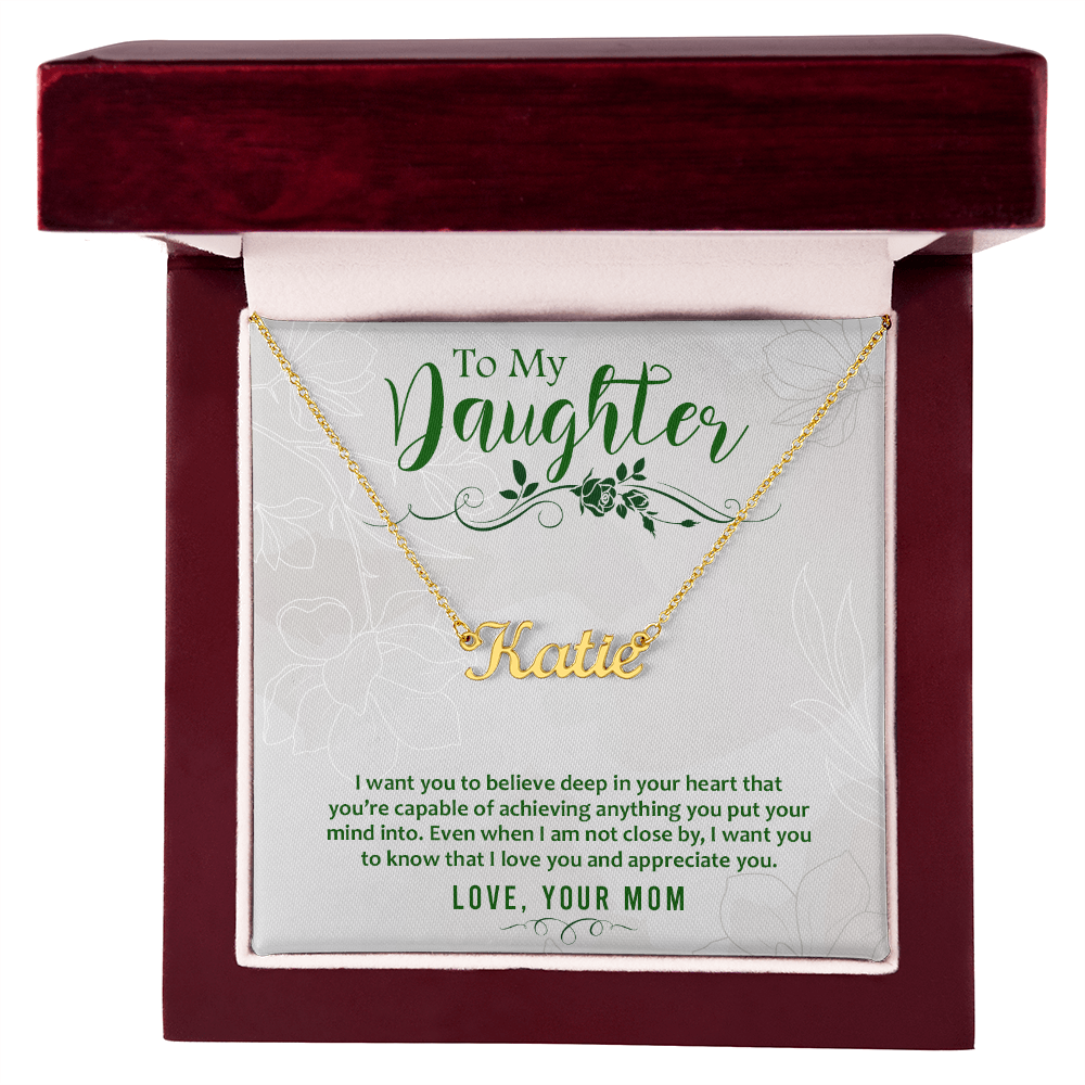 Custom Name Necklace for Daughter from Mom – Personalized Script Pendant, Stainless Steel or 18K Gold, Adjustable 16–18" Chain, Gift Box Included