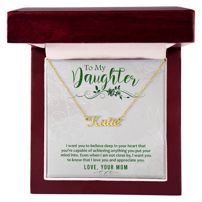 Custom Name Necklace for Daughter from Mom – Personalized Script Pendant, Stainless Steel or 18K Gold, Adjustable 16–18" Chain, Gift Box Included