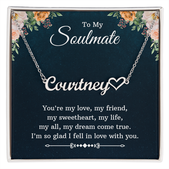 “To My Soulmate” Personalized Heart Name Necklace – Custom 11-Char Script, Stainless Steel or 18K Gold, 16–18" Chain, Made in USA
