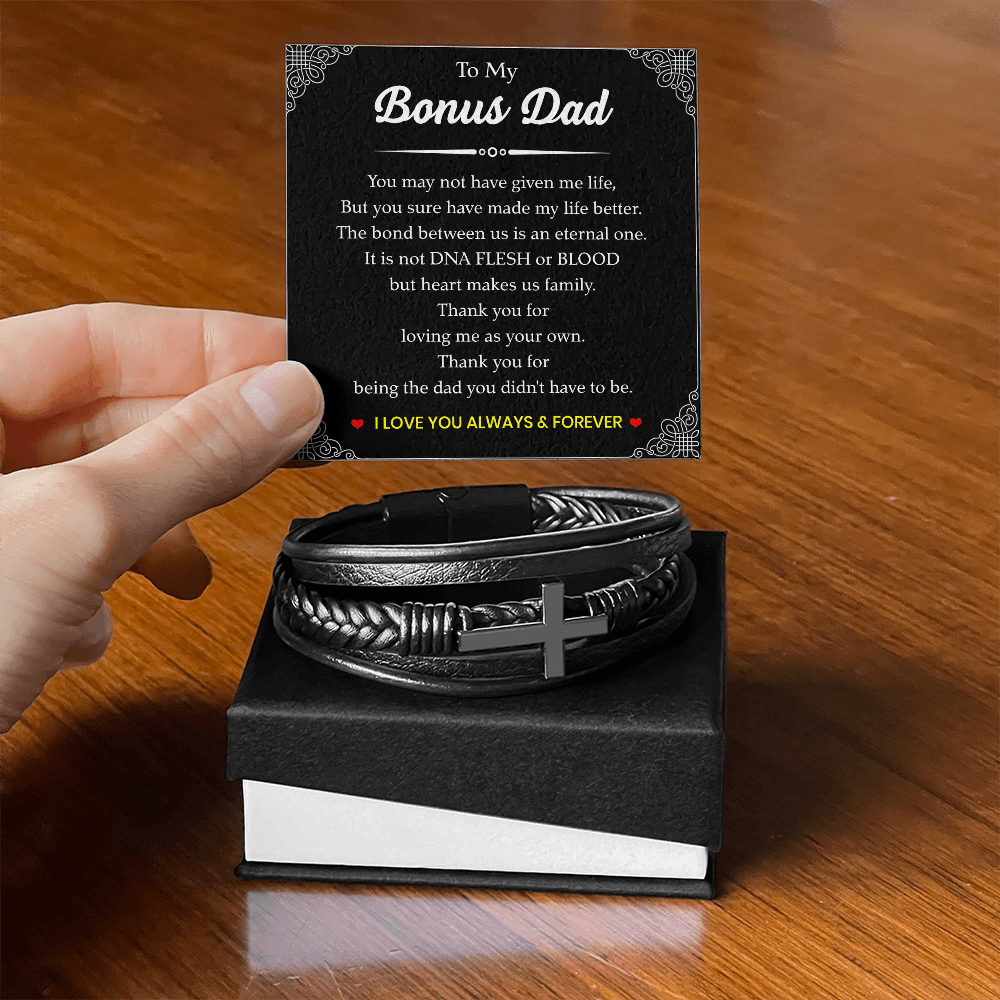 To My Bonus Dad Bracelet – Black Leather Cross Bracelet with Heartfelt Message Card Gift