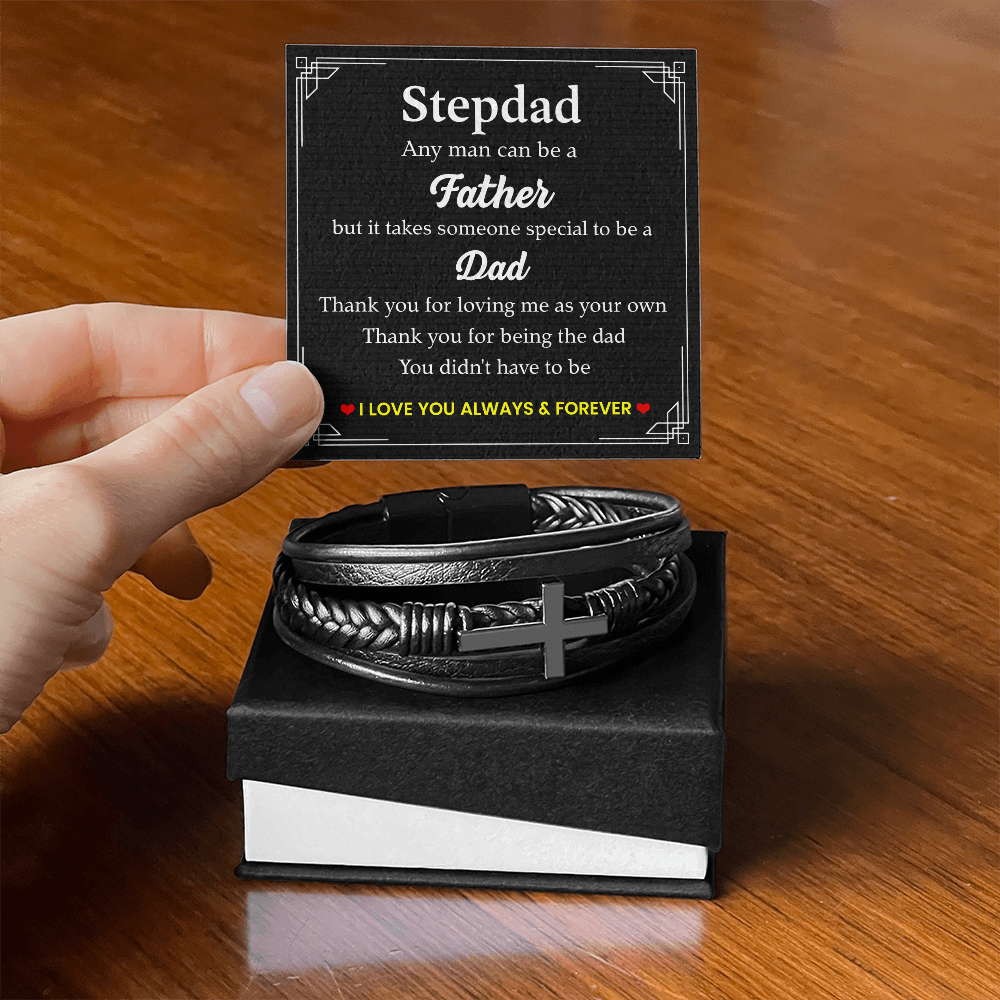 To My Stepdad Bracelet – Black Leather Cross Bracelet with Heartfelt Message Card Gift