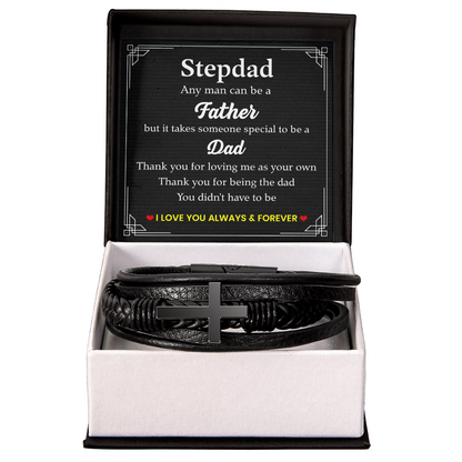 To My Stepdad Bracelet – Black Leather Cross Bracelet with Heartfelt Message Card Gift
