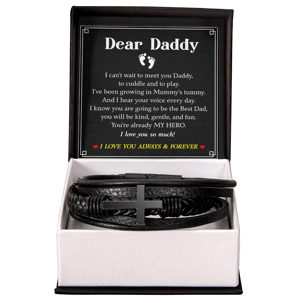 Dear Daddy Bracelet from Bump – Pregnancy Announcement Leather Cross Bracelet with Heartfelt Message Card Gift