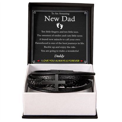 To An Amazing New Dad Bracelet – Black Leather Cross Bracelet with Heartfelt New Dad Message Card Gift