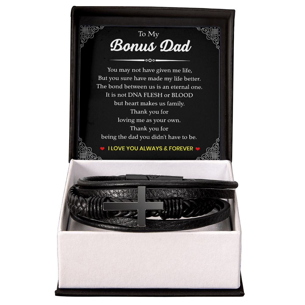 To My Bonus Dad Bracelet – Black Leather Cross Bracelet with Heartfelt Message Card Gift