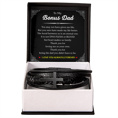 To My Bonus Dad Bracelet – Black Leather Cross Bracelet with Heartfelt Message Card Gift