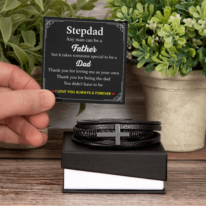 To My Stepdad Bracelet – Black Leather Cross Bracelet with Heartfelt Message Card Gift