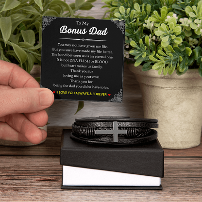 To My Bonus Dad Bracelet – Black Leather Cross Bracelet with Heartfelt Message Card Gift