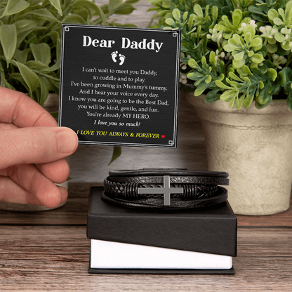 Dear Daddy Bracelet from Bump – Pregnancy Announcement Leather Cross Bracelet with Heartfelt Message Card Gift
