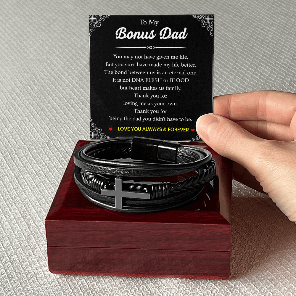 To My Bonus Dad Bracelet – Black Leather Cross Bracelet with Heartfelt Message Card Gift