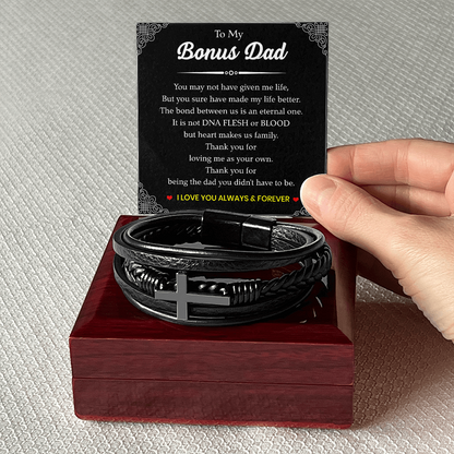 To My Bonus Dad Bracelet – Black Leather Cross Bracelet with Heartfelt Message Card Gift