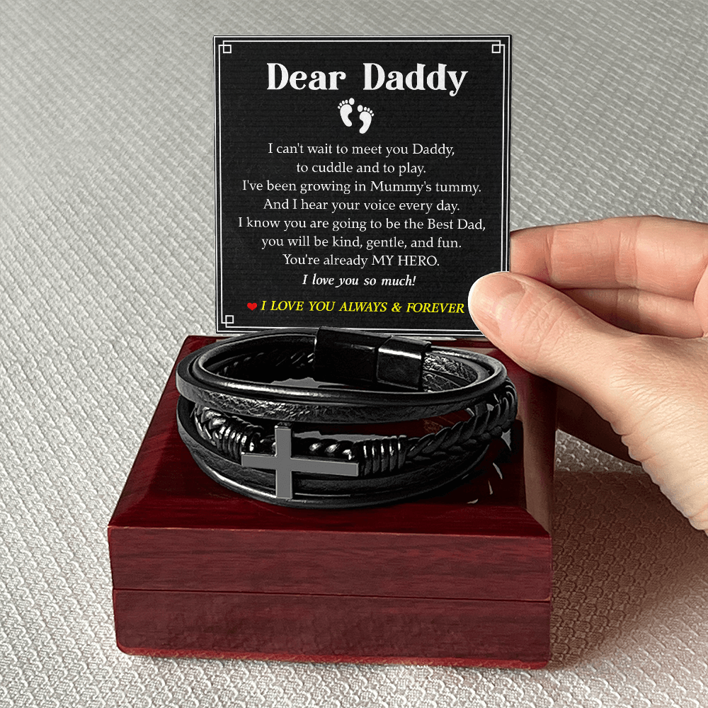 Dear Daddy Bracelet from Bump – Pregnancy Announcement Leather Cross Bracelet with Heartfelt Message Card Gift