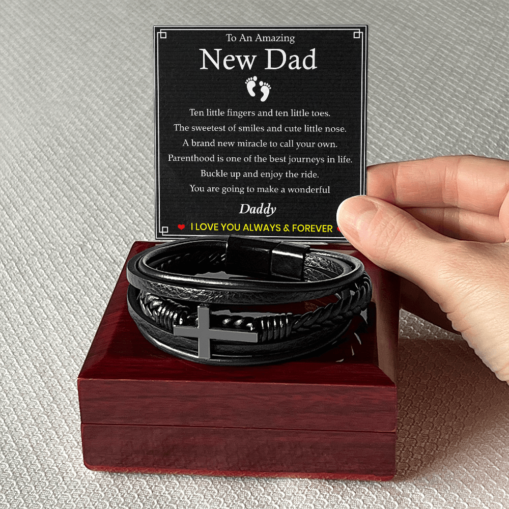 To An Amazing New Dad Bracelet – Black Leather Cross Bracelet with Heartfelt New Dad Message Card Gift