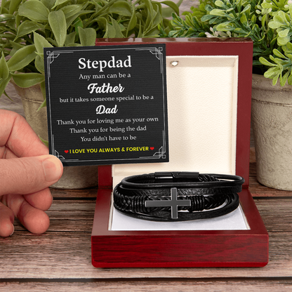 To My Stepdad Bracelet – Black Leather Cross Bracelet with Heartfelt Message Card Gift