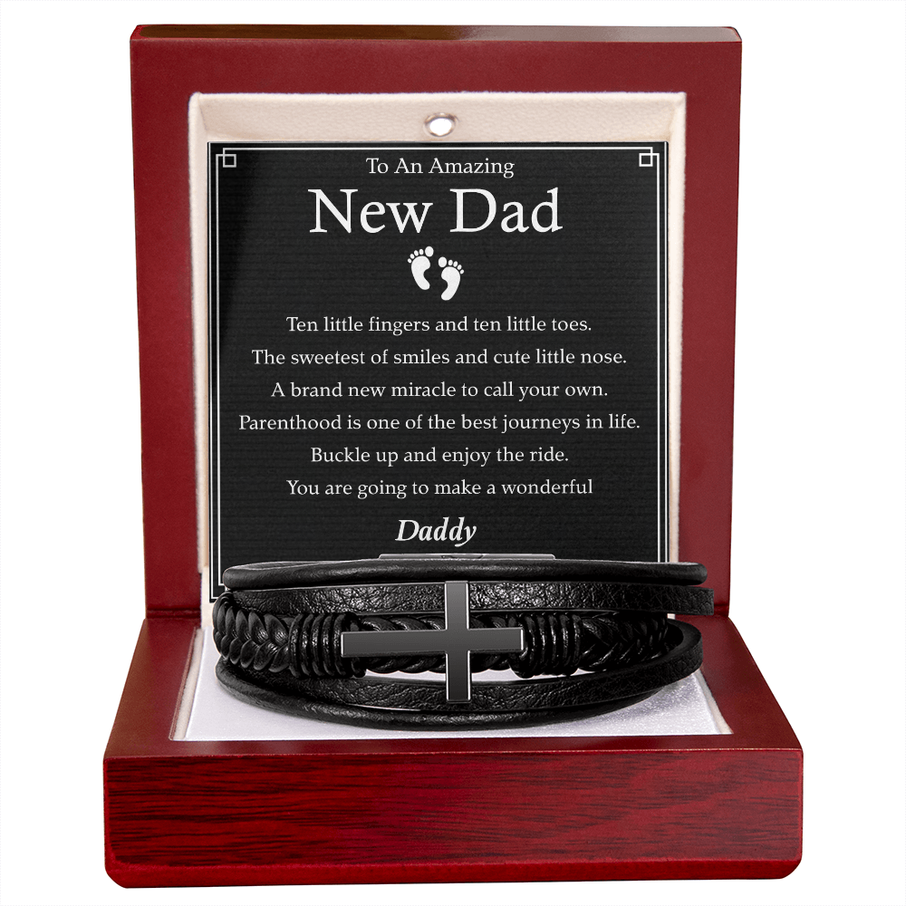 To An Amazing New Dad Bracelet – Black Leather Cross Bracelet with Heartfelt New Dad Message Card Gift